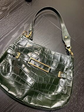 Maxx New York Dark Green Croc-Embossed Shoulder Bag with Gold Hardware